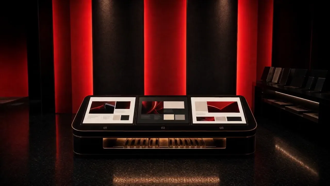 Three website layouts, numbered 01 to 03, lit on a low table in the studio.