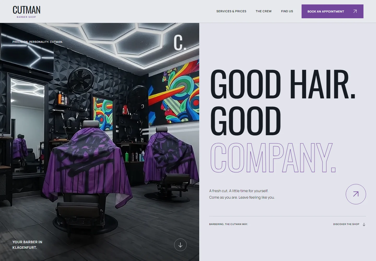 Cutman, a concept website for a barbershop, shown in a desktop browser.