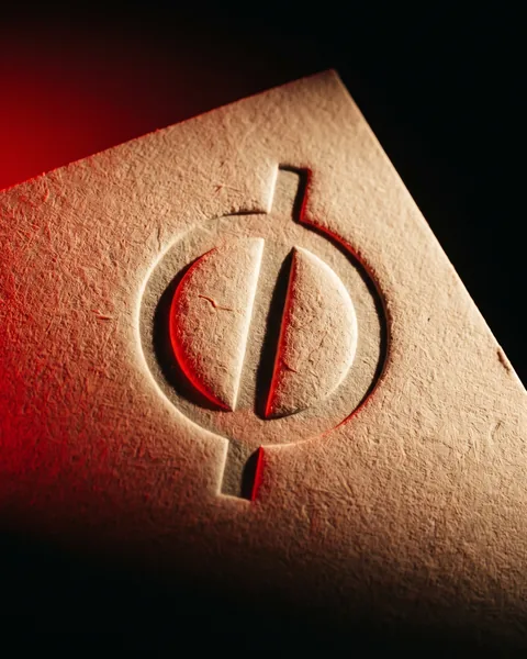 A mark blind-embossed into cream cotton paper, lit from the side by red light.