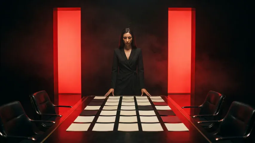 Marija at a long table laid out with cards and colour chips — a brand system being decided.