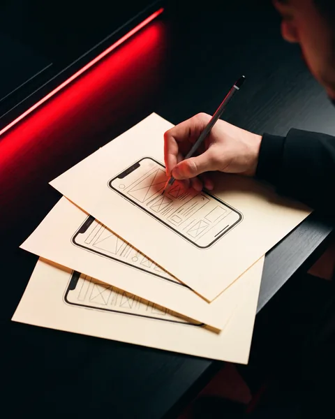 Phone-screen wireframes sketched in pencil — boxes and lines, before any code.
