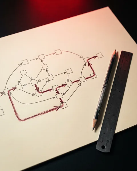 A flow diagram sketched in graphite — boxes and branching arrows, one path traced in red.
