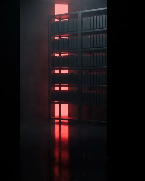 A rack of small black modules, their status lights glowing red.
