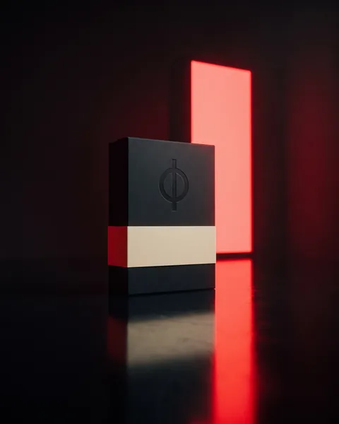A matte black box with a cream band, standing on a reflective floor under red light.