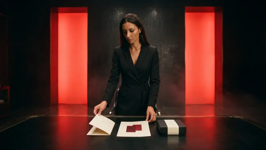 Marija laying out print pieces — a folded card, a sheet, a small box.